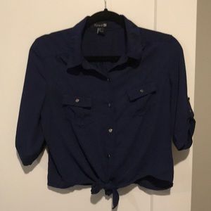 Sheer Navy Tie Front Top